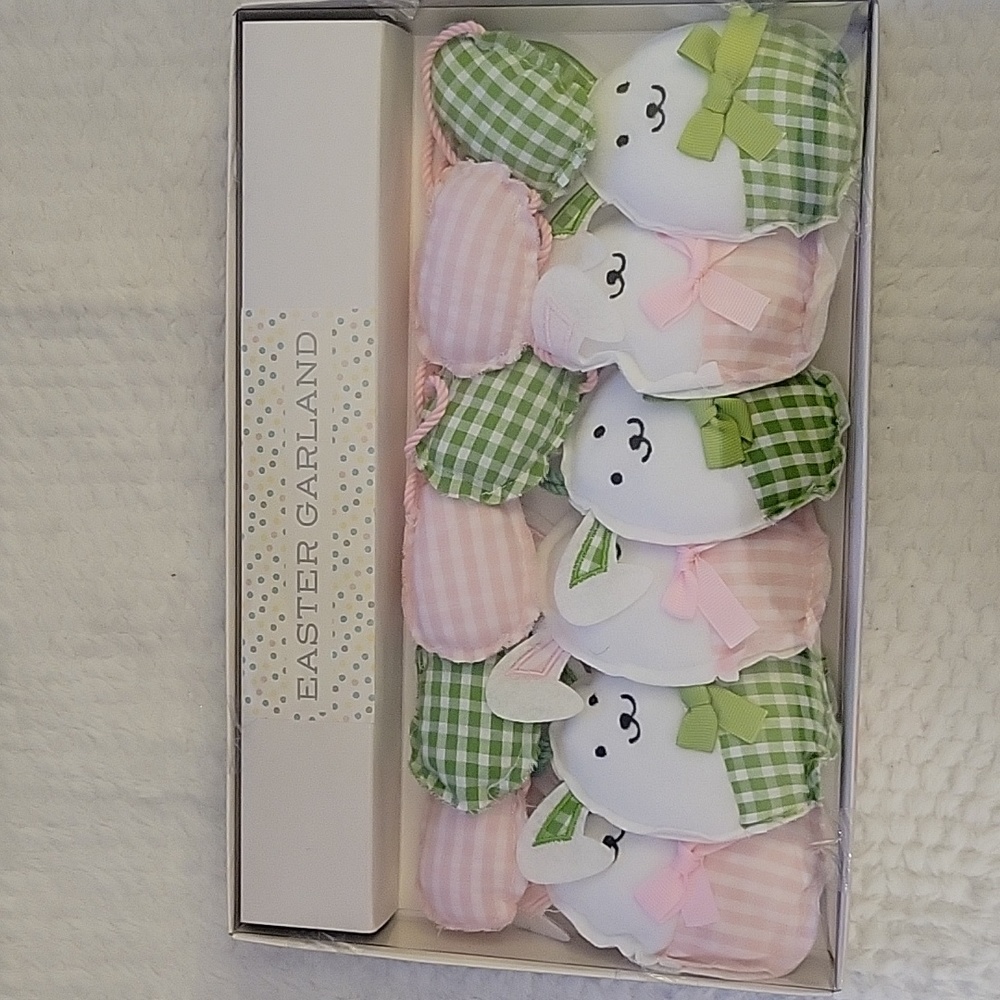JMLE pink green white gingham Fabric 5" Easter Bunny 3" Eggs Garland Embroidery…